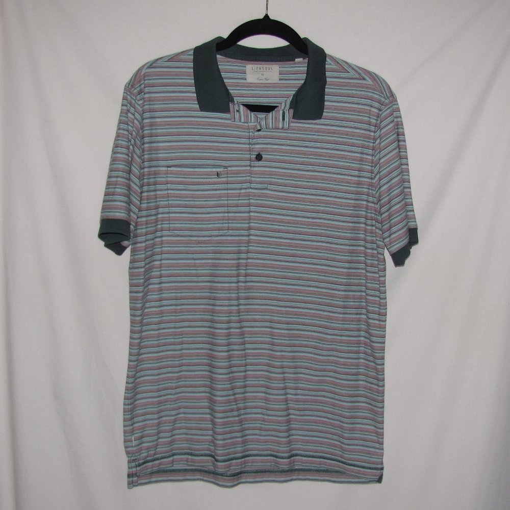 Mens' Linksoul Blue Salmon Pink Striped Polo Shirt Size Medium